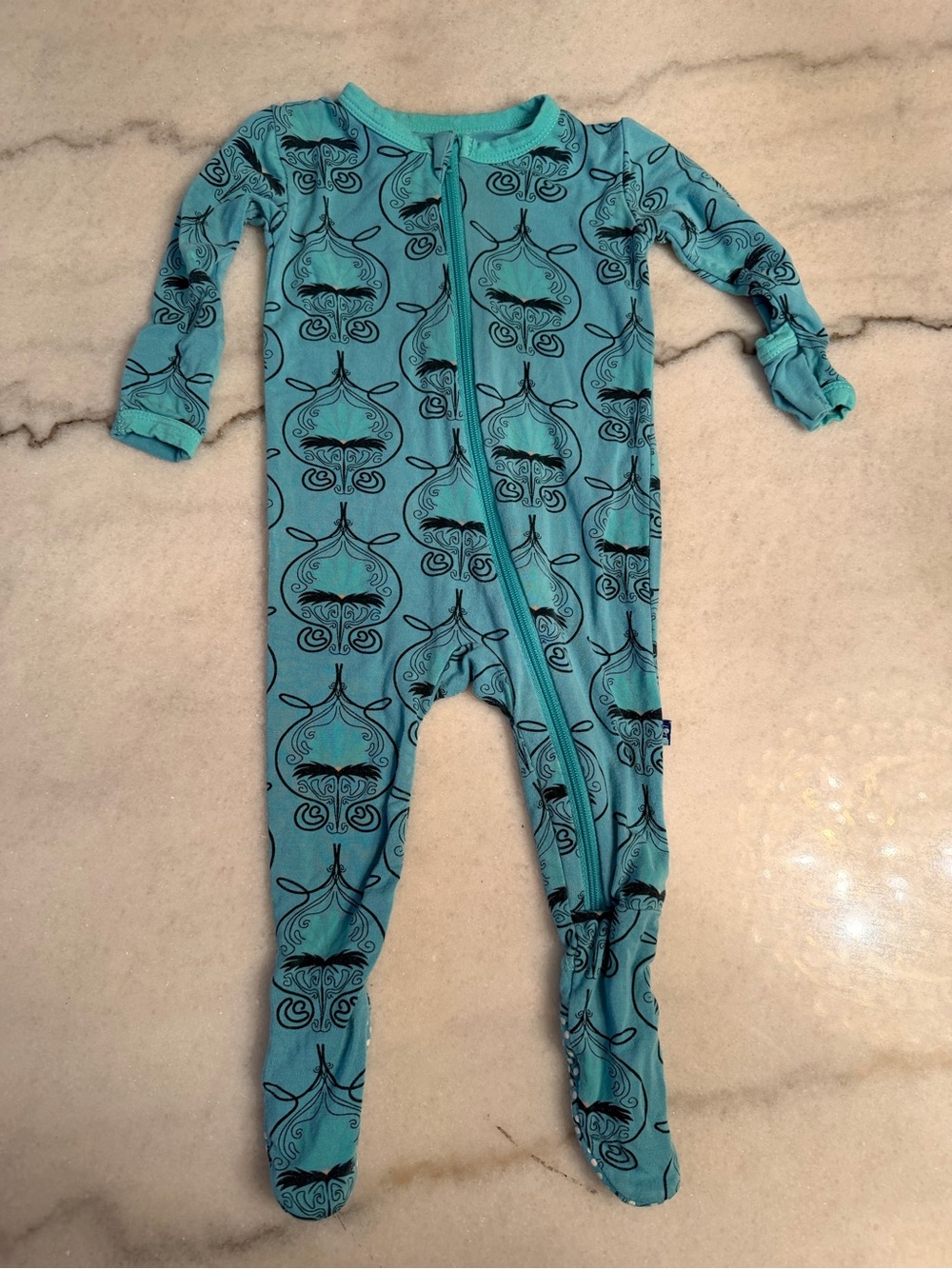 Kickee Pants Turquoise Blue Footed One-Piece with Black Print